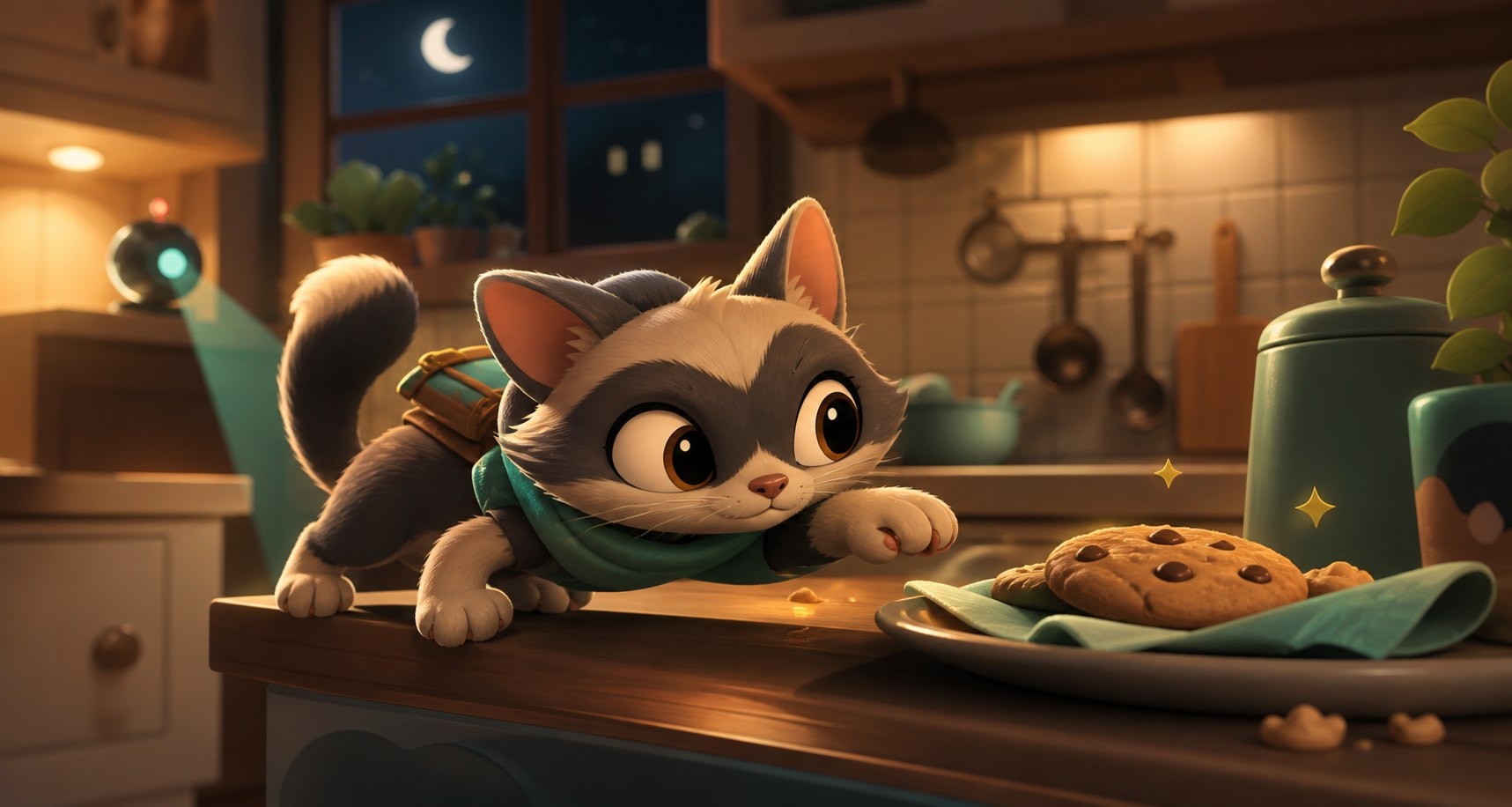 Samoyed sneaking through a cozy kitchen at night — Paw Heist gameplay