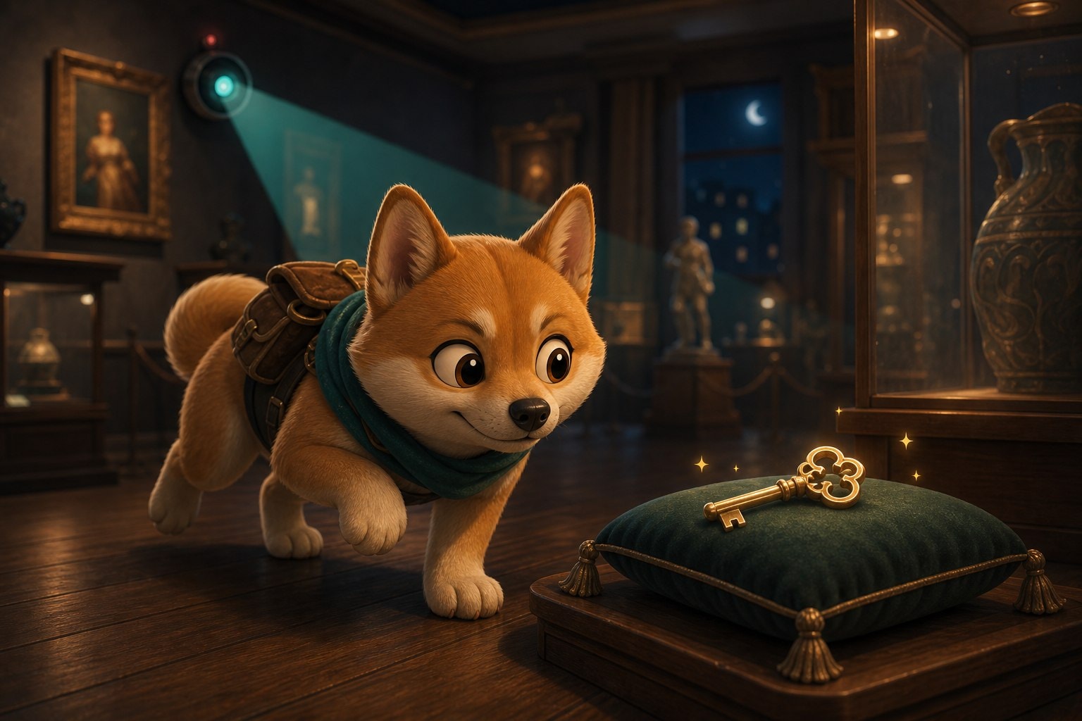 Samoyed in a museum at night