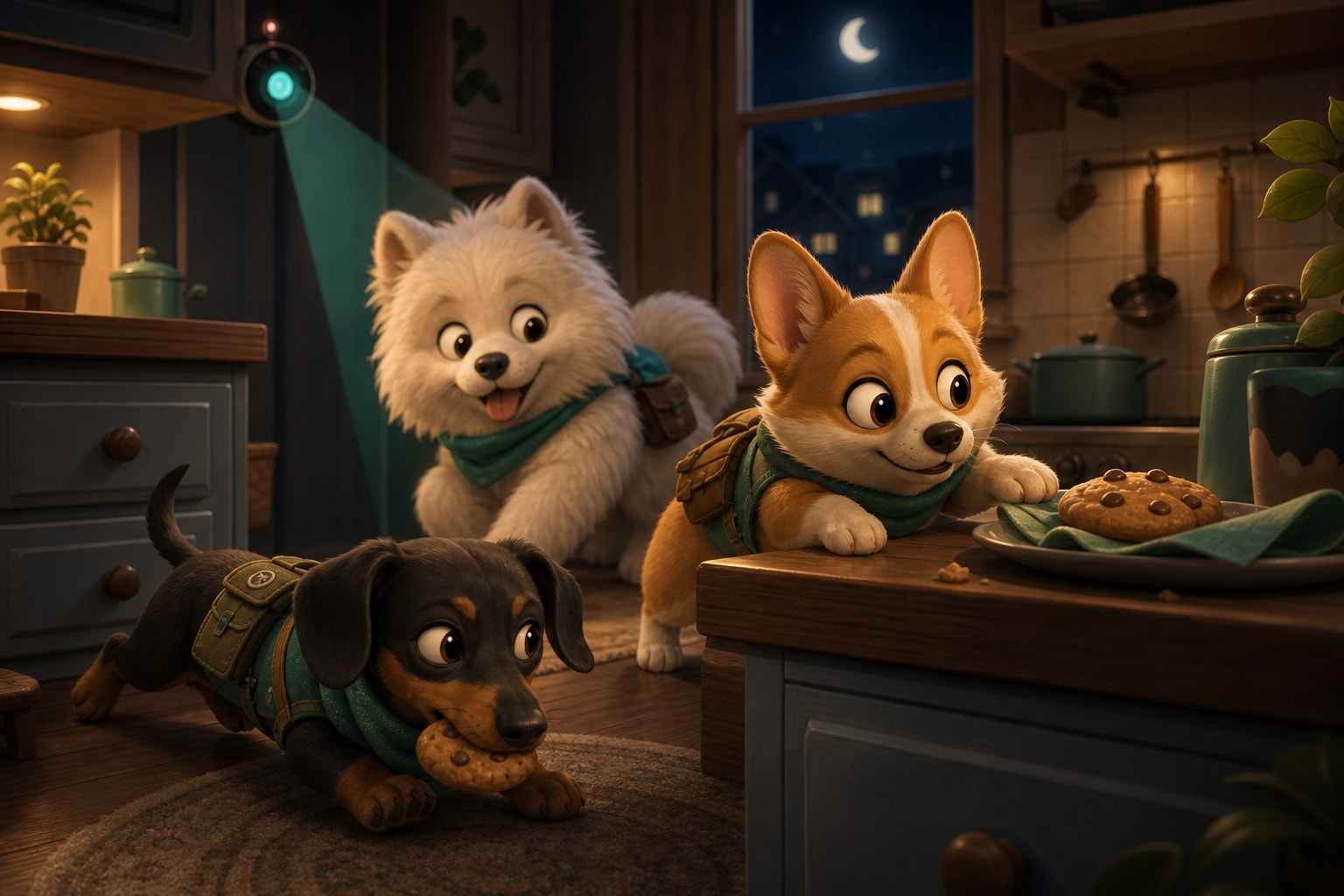 The Paw Heist crew — three dogs in a cozy kitchen